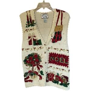 Vtg Christmas Ramie Cotton Cardigan Vest Holiday Wreath Noel Sweater LG Bow Red